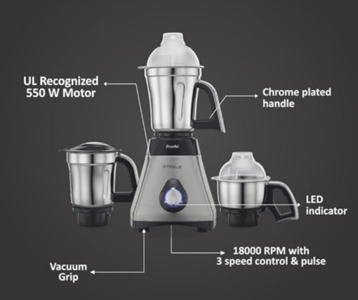 Preethi Steele 110 V, MG-206, 550 Watt, 3 Jars, Turbovent Technology, 2 years product warranty (Silver/Black) - Image 5